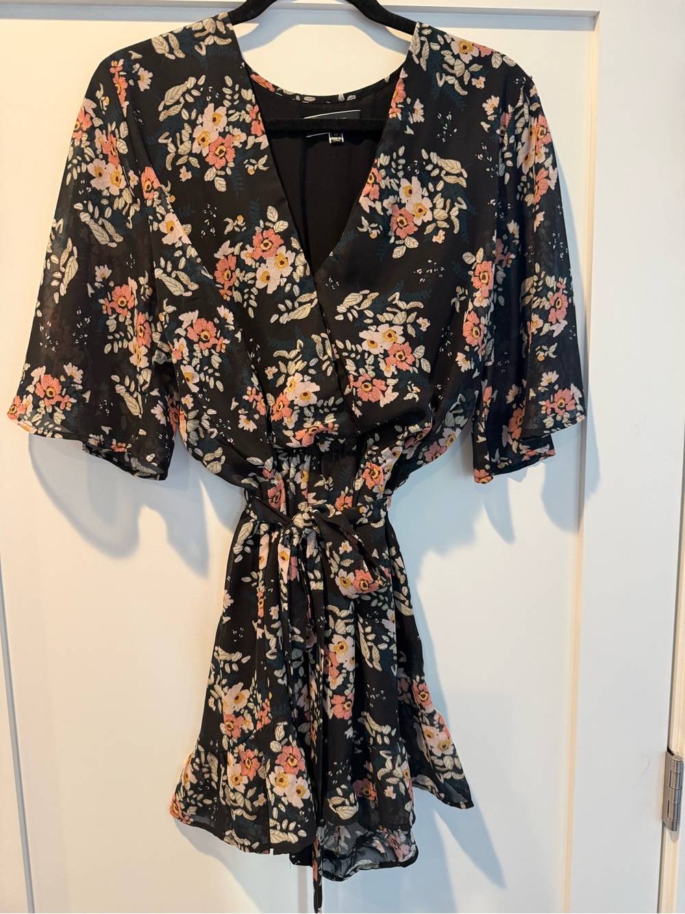 Blue Blush Black Floral Wrap Romper with Peach Accents